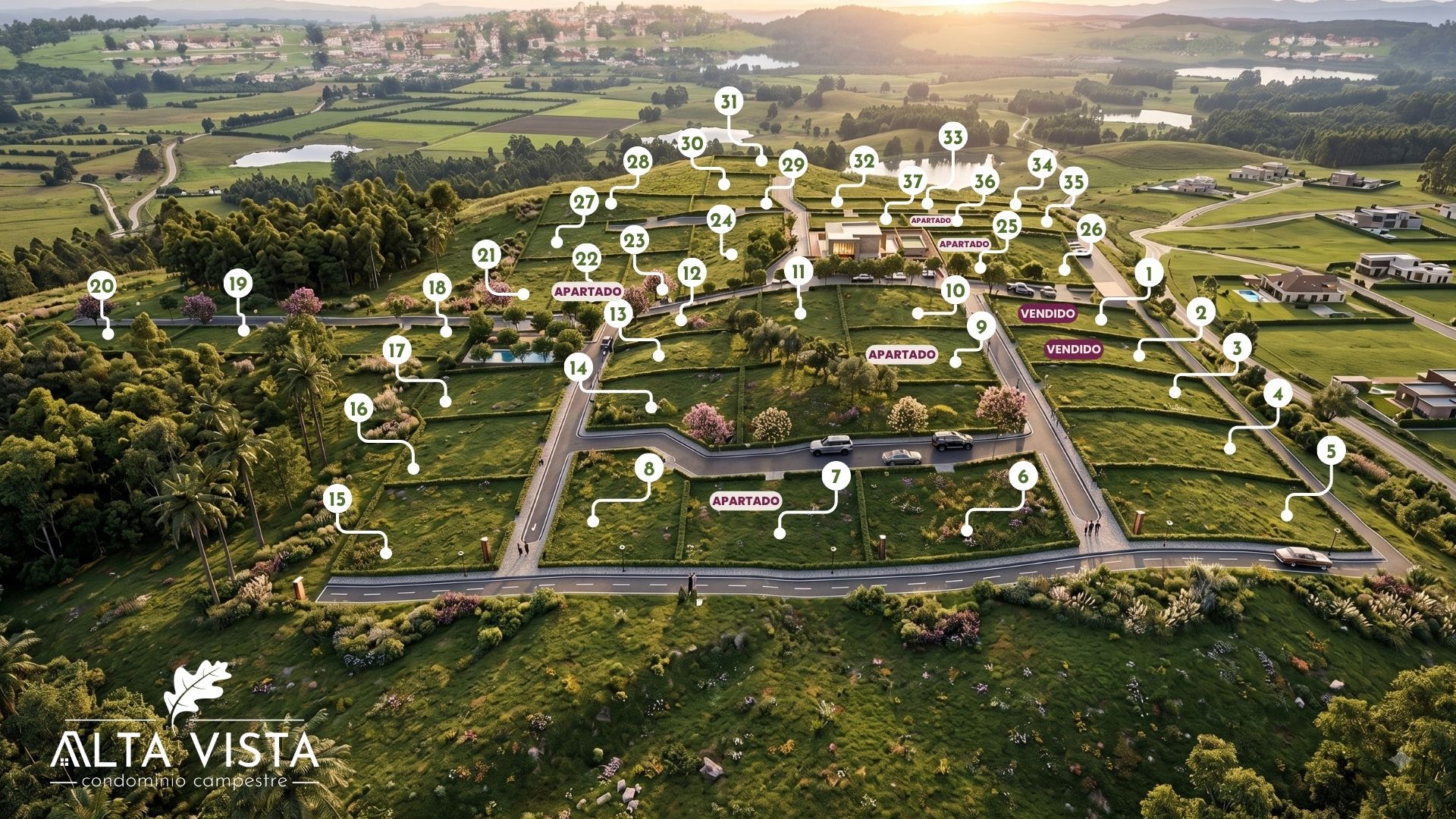 Vista aérea de Alta Vista con la ubicación numerada de cada uno de los 37 lotes sobre el terreno